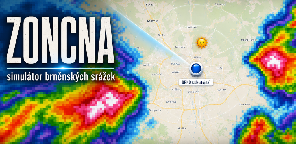 Zoncna — radar map of Brno with rain clouds closing in