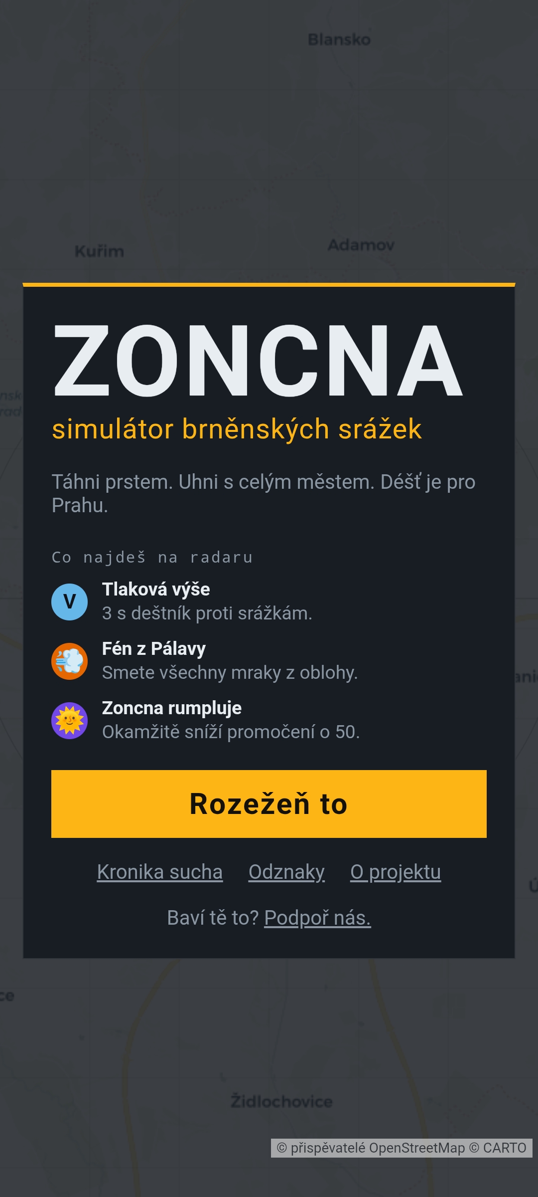 ZONCNA — úvodní obrazovka s tlačítkem Rozežeň to